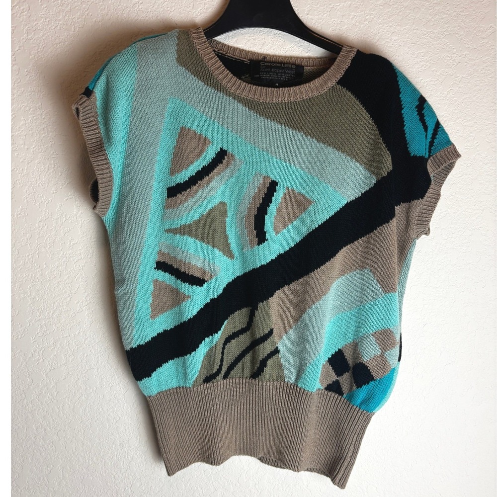 Carole Little Saint-Tropez Vintage 80s Linen Cotton Geometric Sweater Vest M